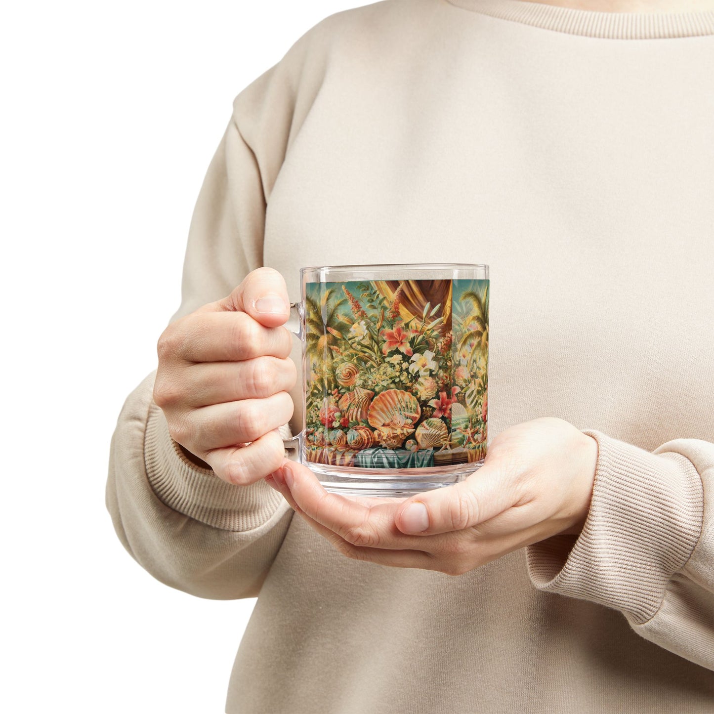 Tropical Glass Mug - 10oz Coffee Cup / Shell and Flower Tablescape