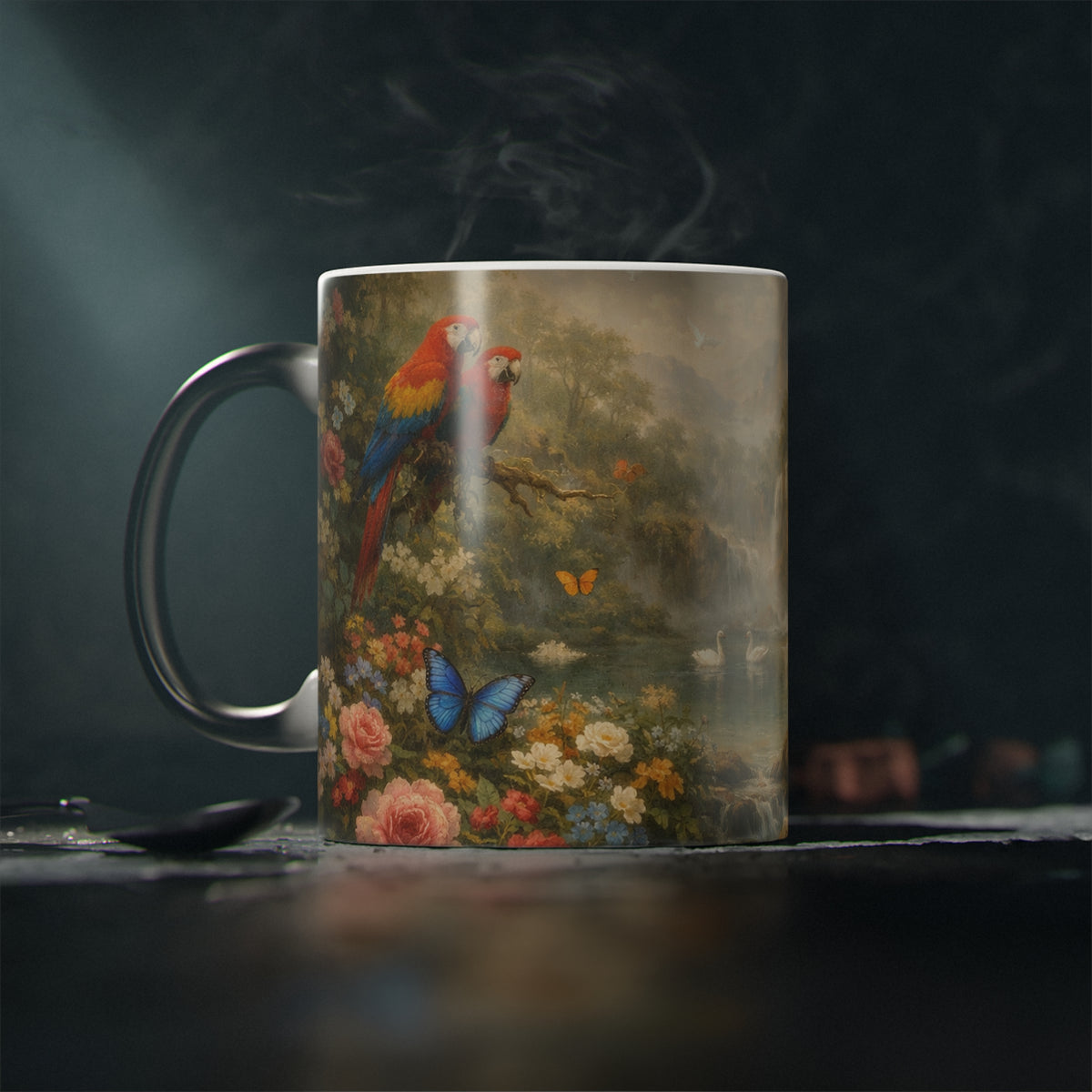 Heat-Activated Coffee Mug — Vintage Rainforest Waterfall Scene