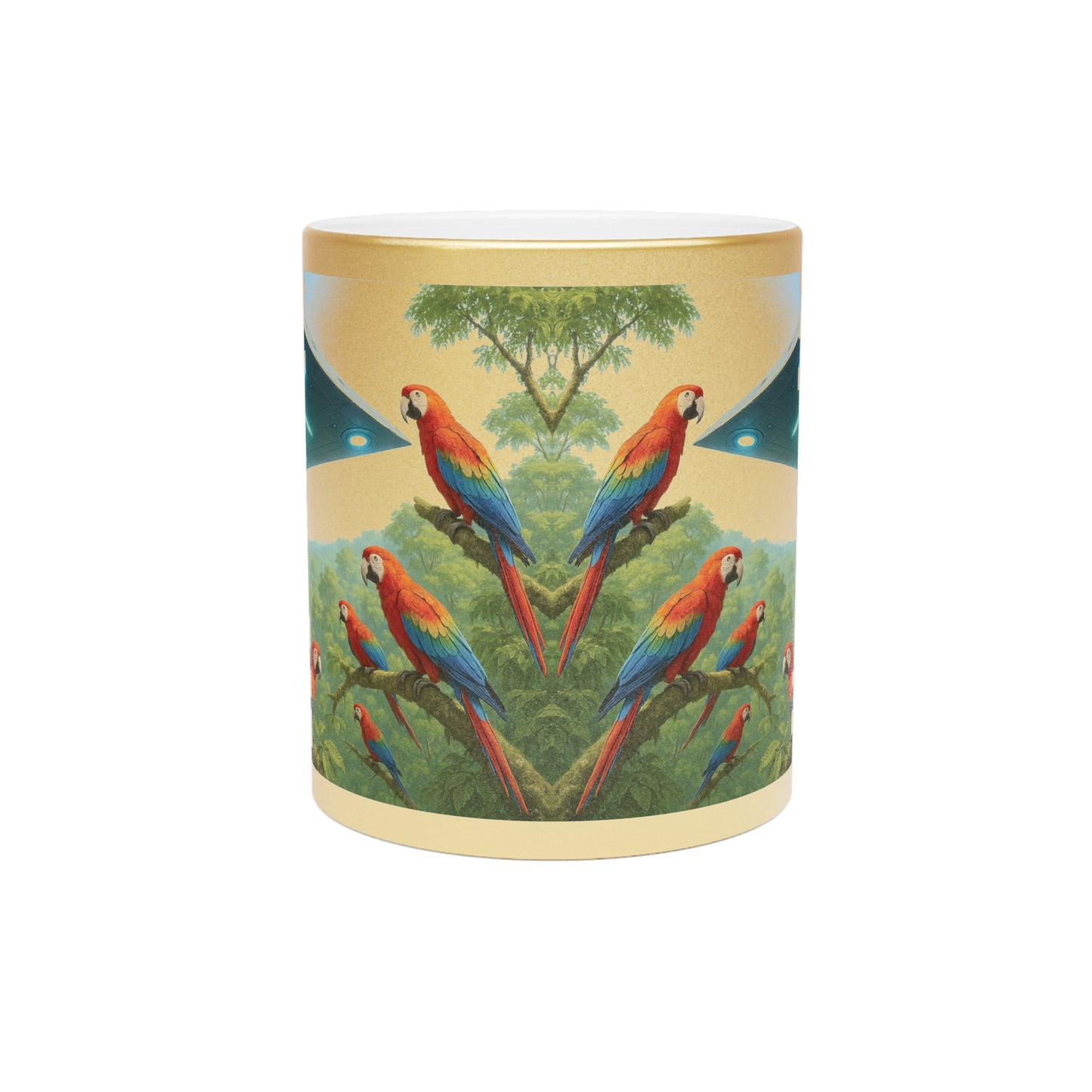 Tropical Metallic Mug, Gold or Silver: UFO and Parrots