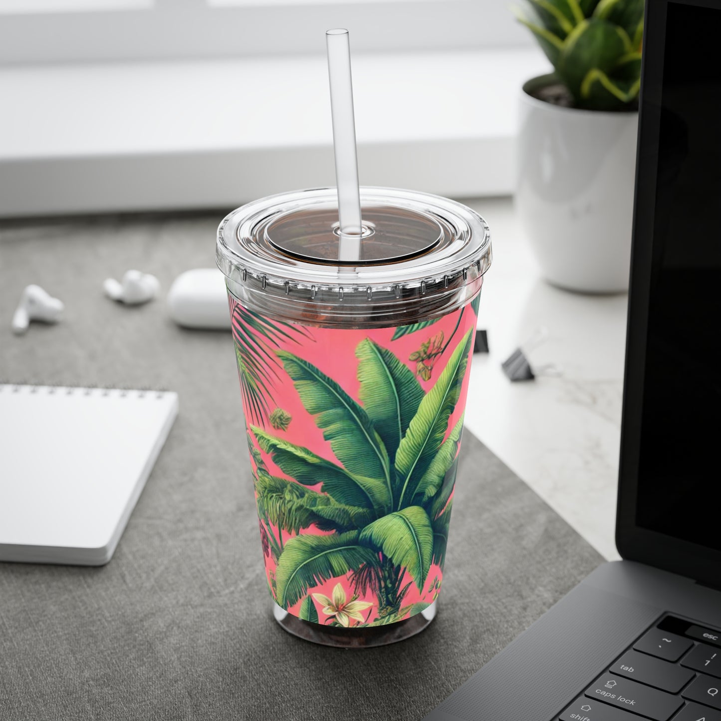 Tropical Tumbler with Straw | 16oz Colorful Travel Cup / More Tropical Fruit, Coral