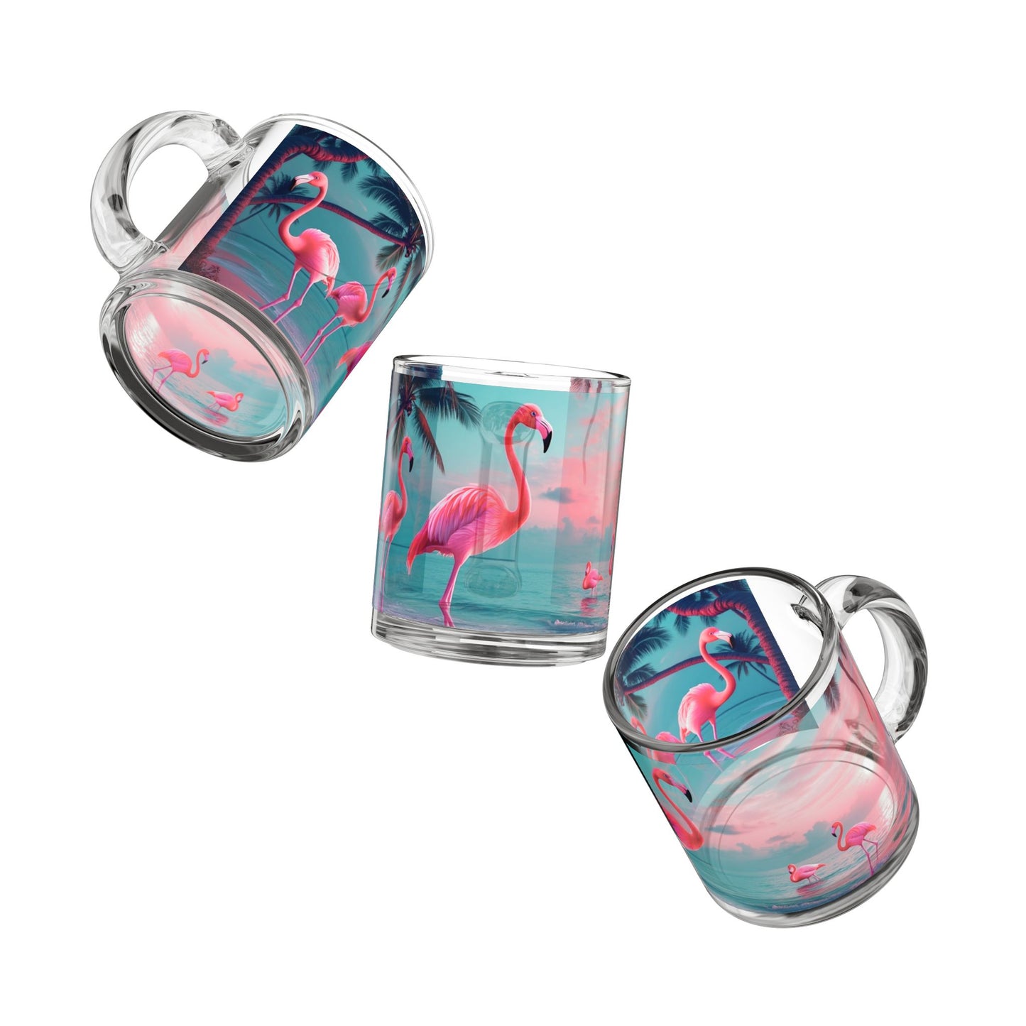 Tropical Glass Mug - 10oz Coffee Cup / Neon Flamingos at Night