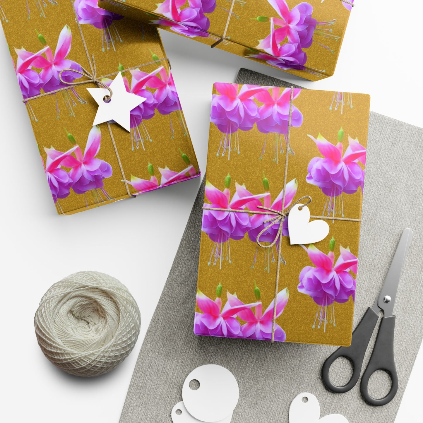 Gift Wrap Papers, Two Pink Fuchsias / Gold