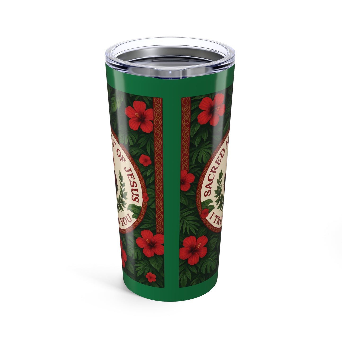 Religious 20oz Tropical Glossy Tumbler - Sacred Heart of Jesus Prayer, Dark Green