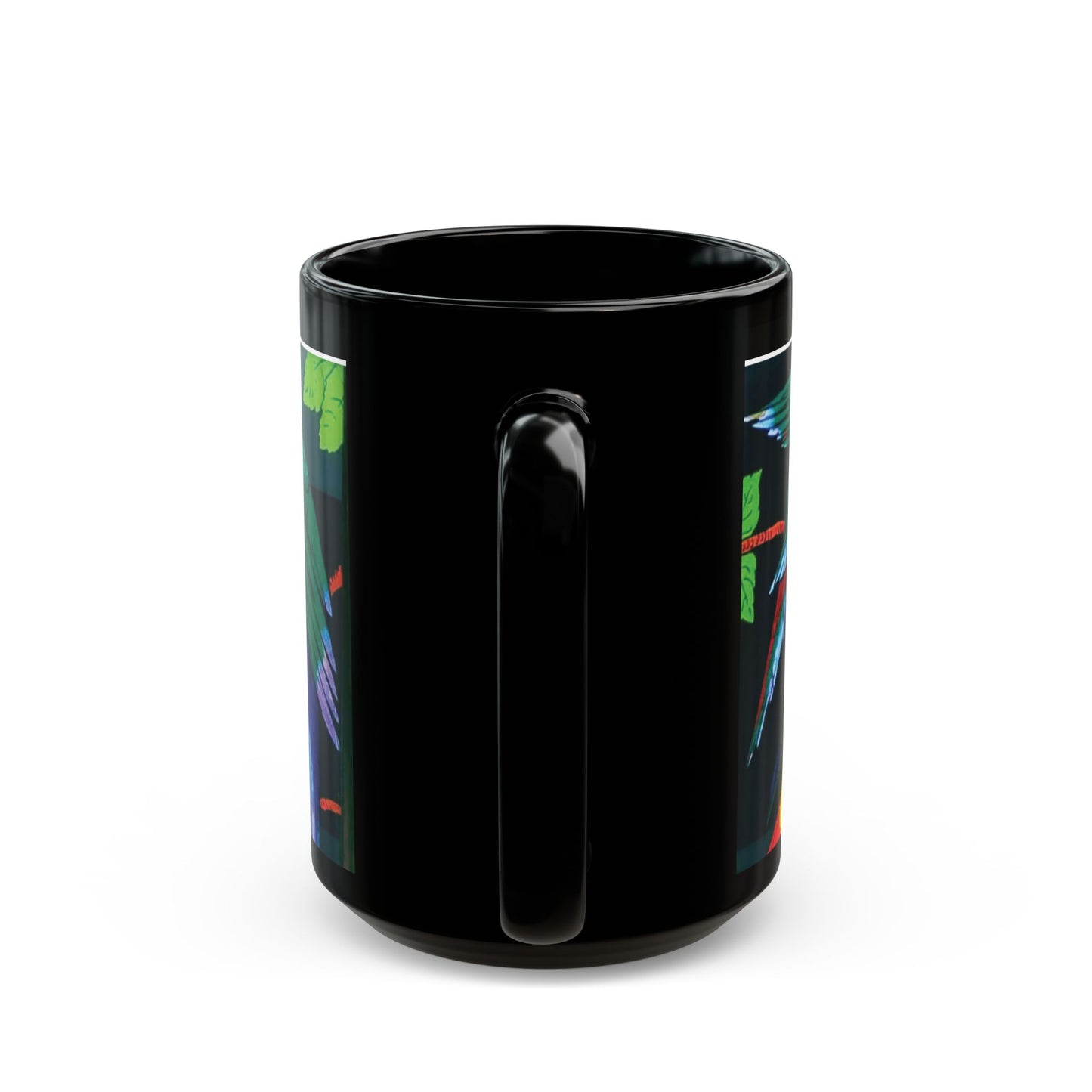 Black Coffee Mug, 2 Sizes - Parrots & Butterfly/Real Wings