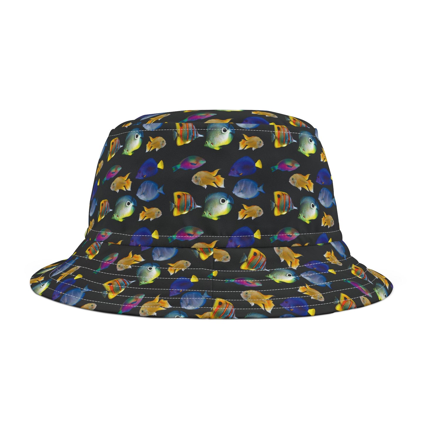 Tropical Polyester Bucket Hat, 2 Sizes - School of Fish / Black
