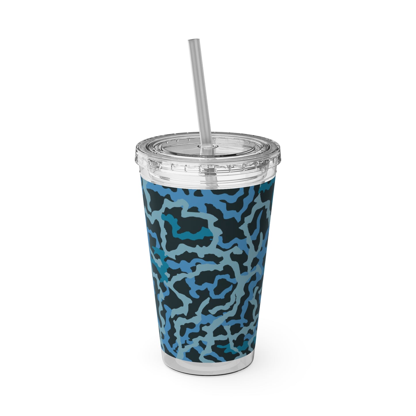Tropical Tumbler with Straw | 16oz Colorful Travel Cup / Coral Threads, Blue
