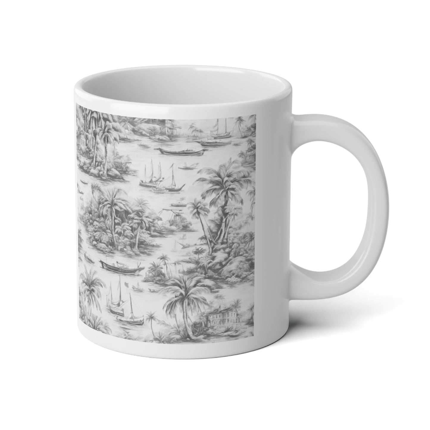 Jumbo Mug, 20oz, Tropical Toile, Soft Black | Tropical Coffee Cup, Gift for Coastal Lovers
