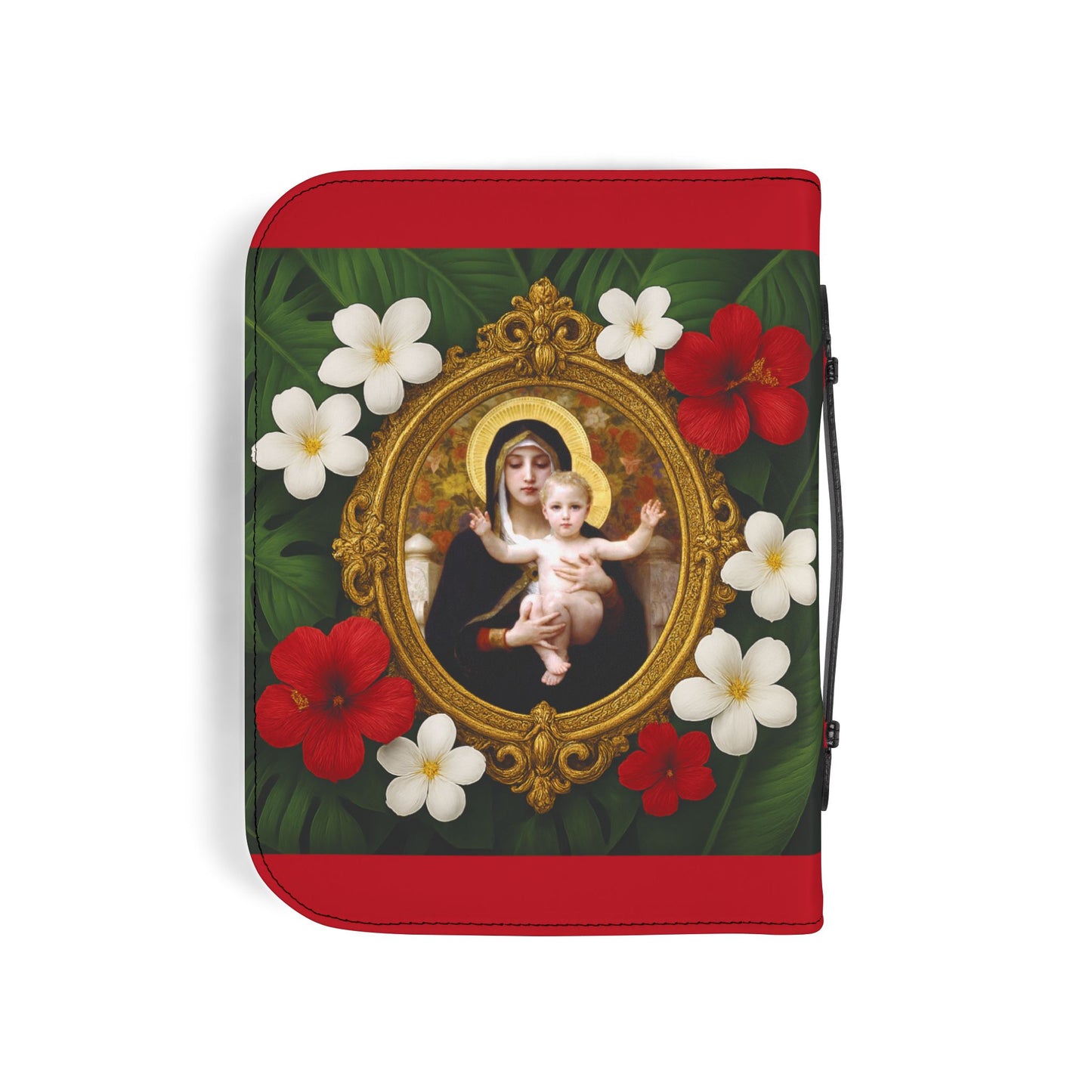 Tropical Bible Cover, Virgin of the Lilies Dark Red / Floral Bible Protector, Chrisitan Church Accessories