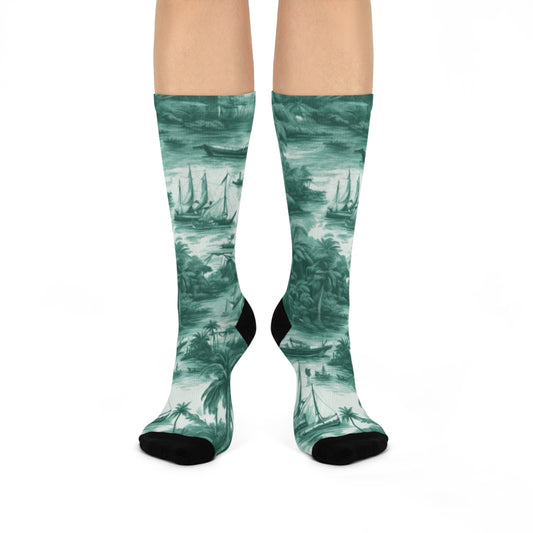 Cushioned Crew Socks - Tropical Toile, Evergreen