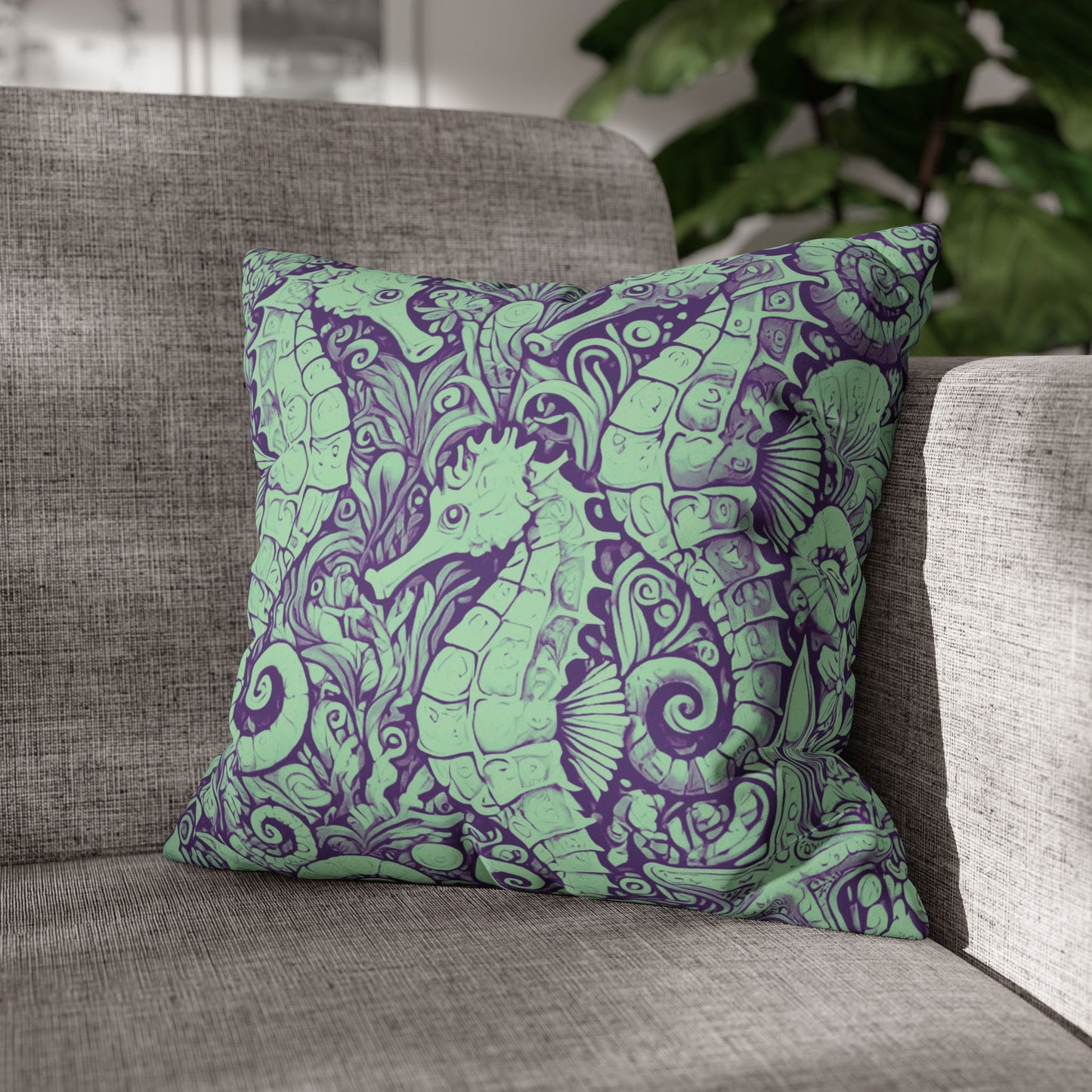Faux Suede Square Pillowcase - Seahorse Trio, Minty