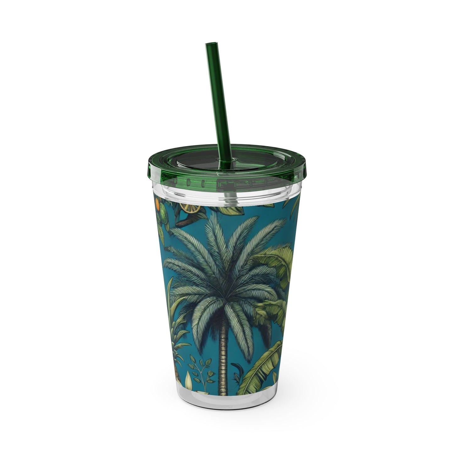 Tropical Tumbler with Straw | 16oz Colorful Travel Cup / Tropical Fruit Blue