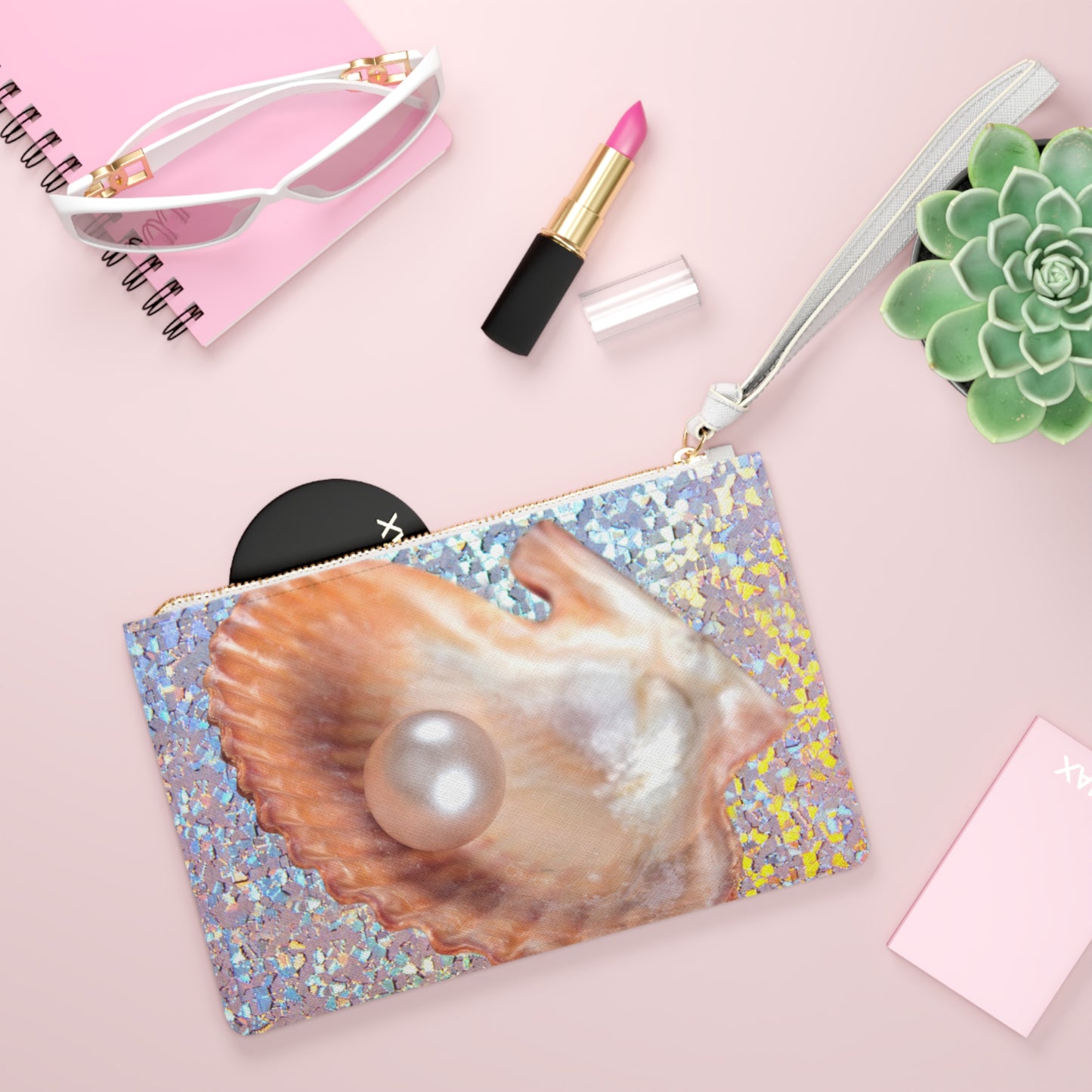 Tropical Faux Leather Clutch Bag - Perfect for Beach Adventures & Summer Vacations / Disco FW Peach Pearl Oyster