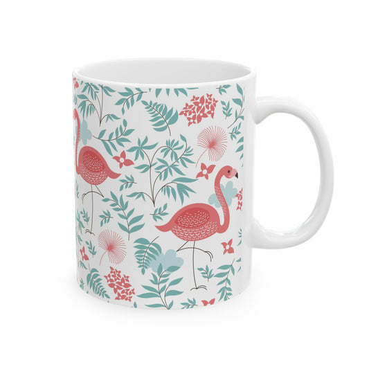 Ceramic White Mug - Happy Flamingos