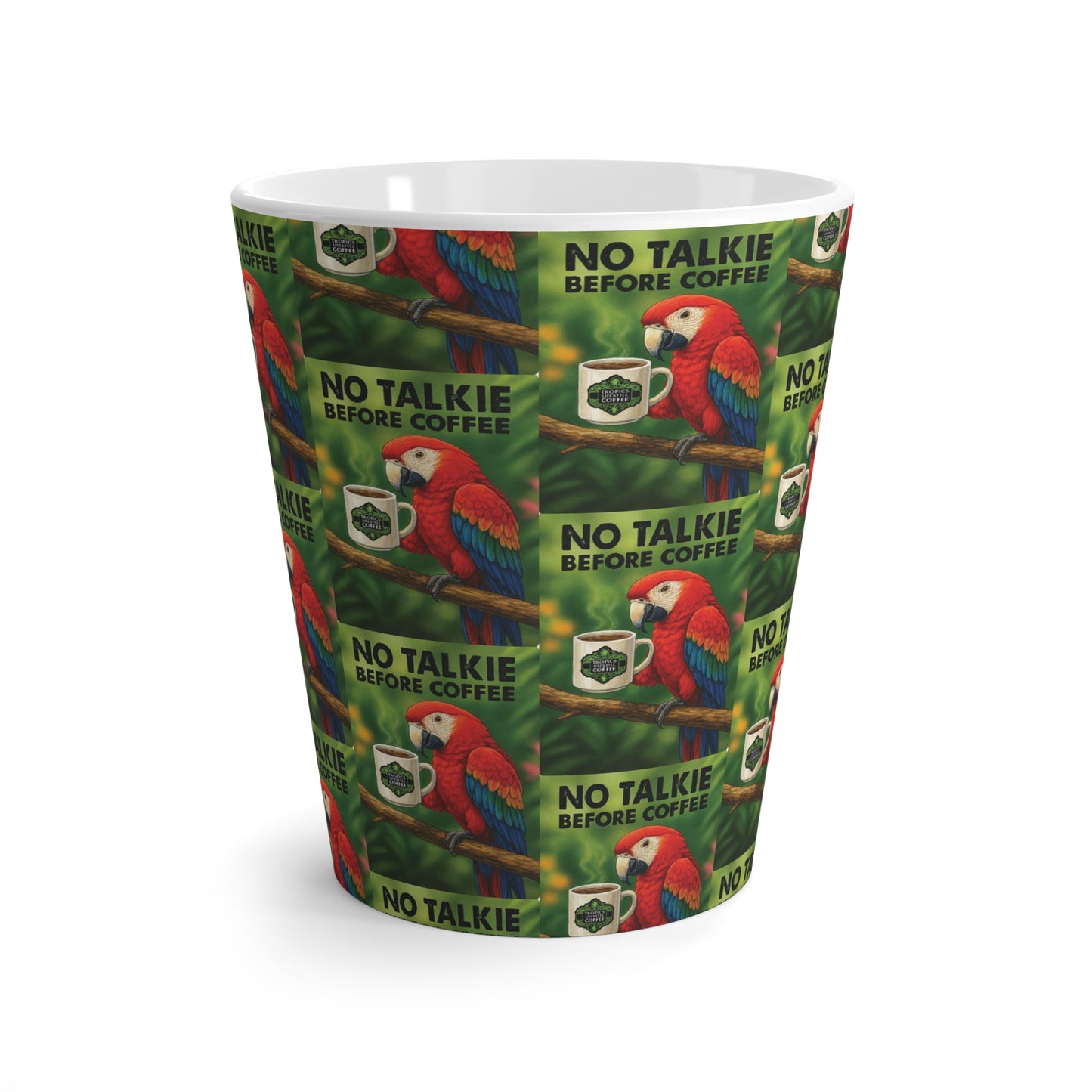 Latte White Mug - No Talkie Before Coffee Parrot, Mini Repeat