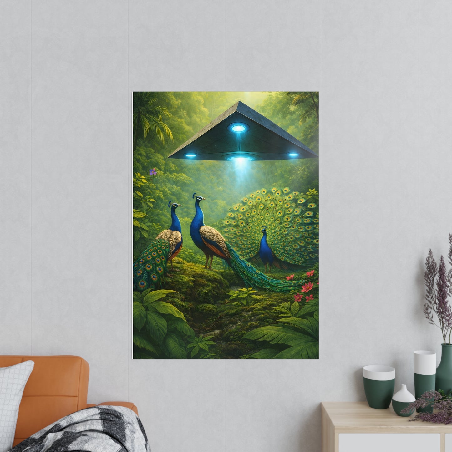 Photopaper Poster — UFO & Peacocks Sci‑Fi Wall Art
