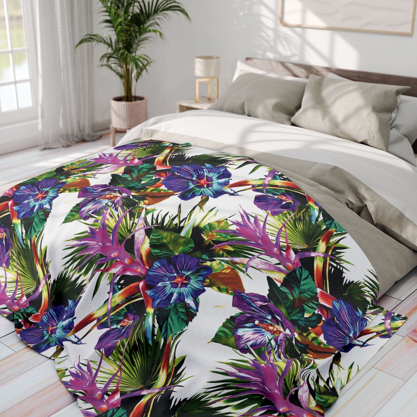 White Plant Palooza Fleece Blanket - Colorful Tropical Botanical Design