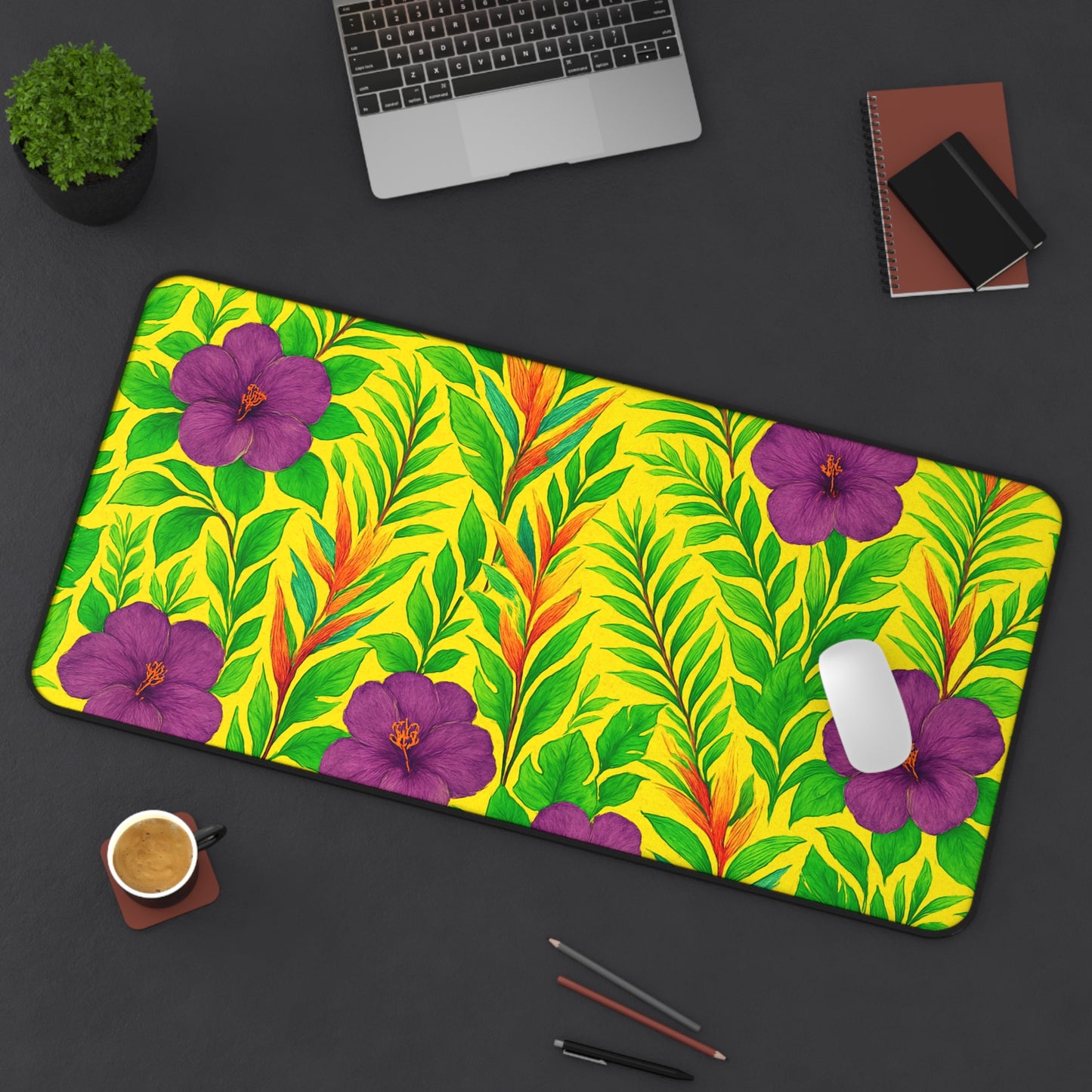 Tropical Mouse Pad/Desk Mat, 3 Sizes - Bright Botanical Design, Perfect for Home Office / Midnight Flower Yellow