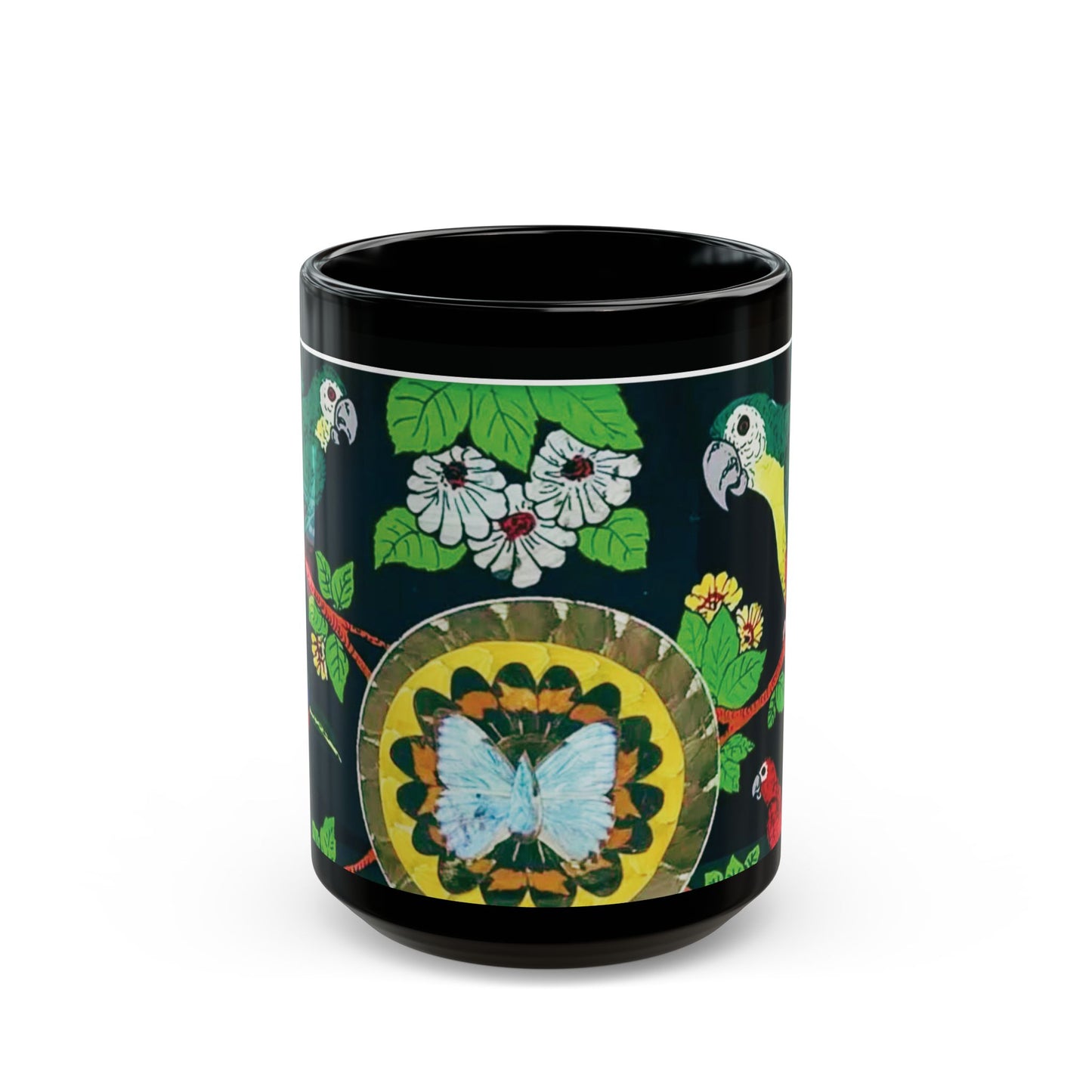Black Coffee Mug, 2 Sizes - Parrots & Butterfly/Real Wings