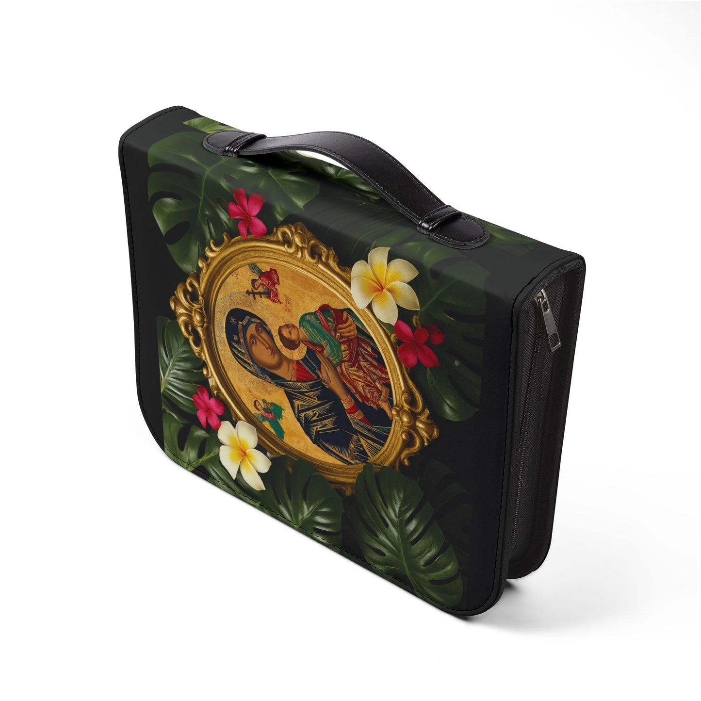 Tropical Bible Cover, Our Lady of Perpetual Help Black / Floral Bible Protector, Church Accessories