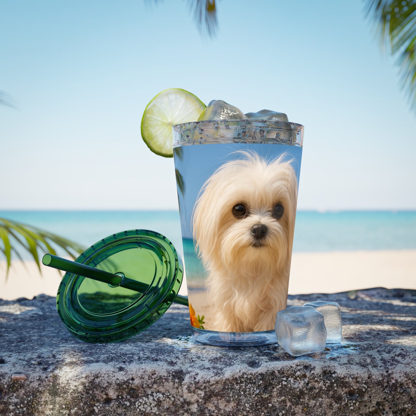 Tropical Tumbler with Straw | 16oz Colorful Travel Cup / Puppy Ariel at the Beach
