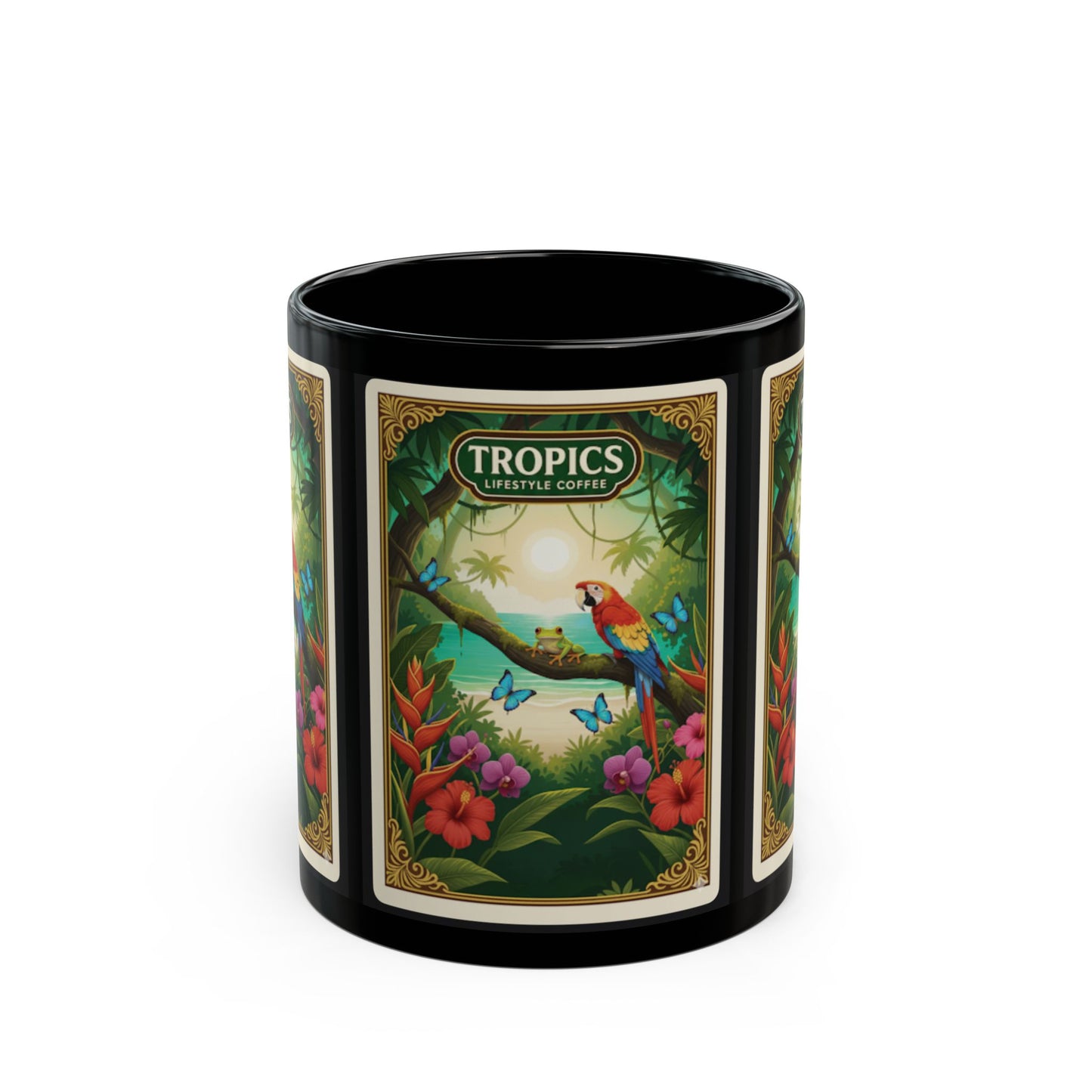 Black Coffee Mug - Parrot at Beach Poster /TLCoffee Logo