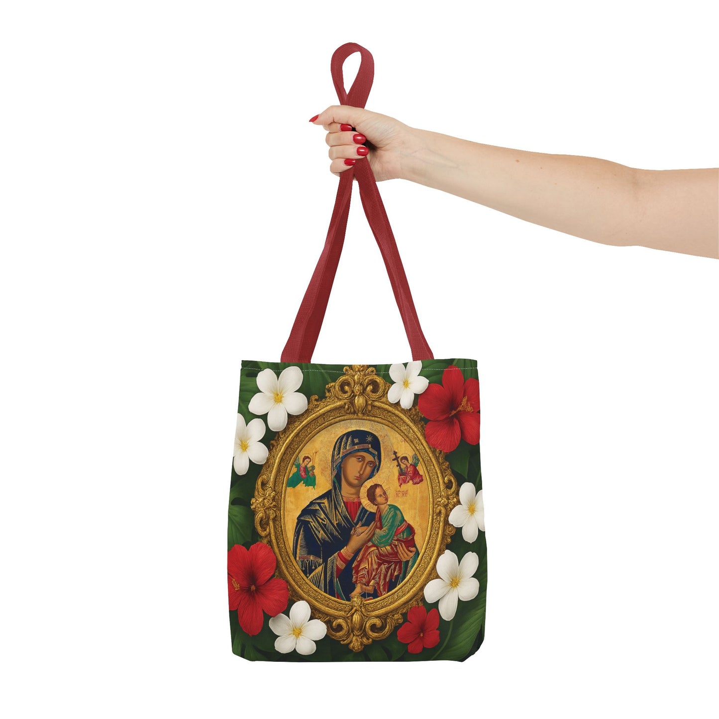 Religious Art Polyester Tote Bag, 3 Sizes / Our Lady of Perpetual Help, Red Flowers