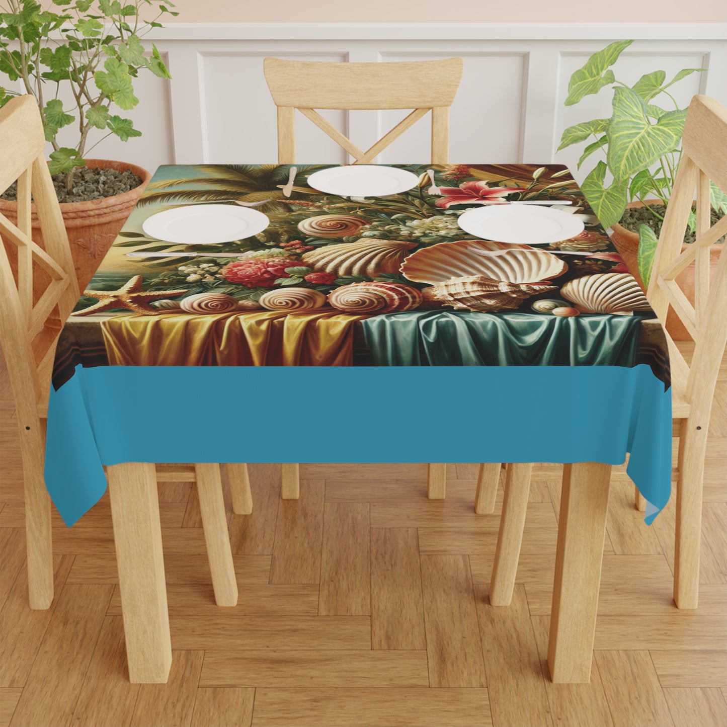 Shells and Flowers/Turquoise ~ Square Tablecloth, 55" x 55"