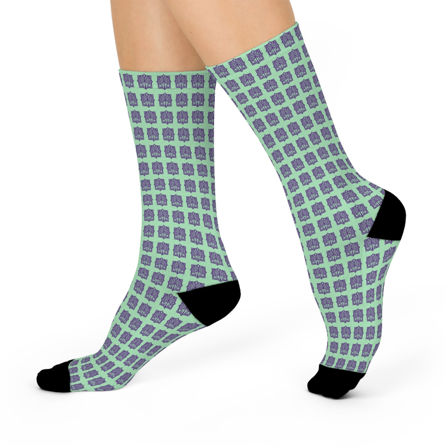 Cushioned Crew Socks - Deco Palm Trees, Mint Green