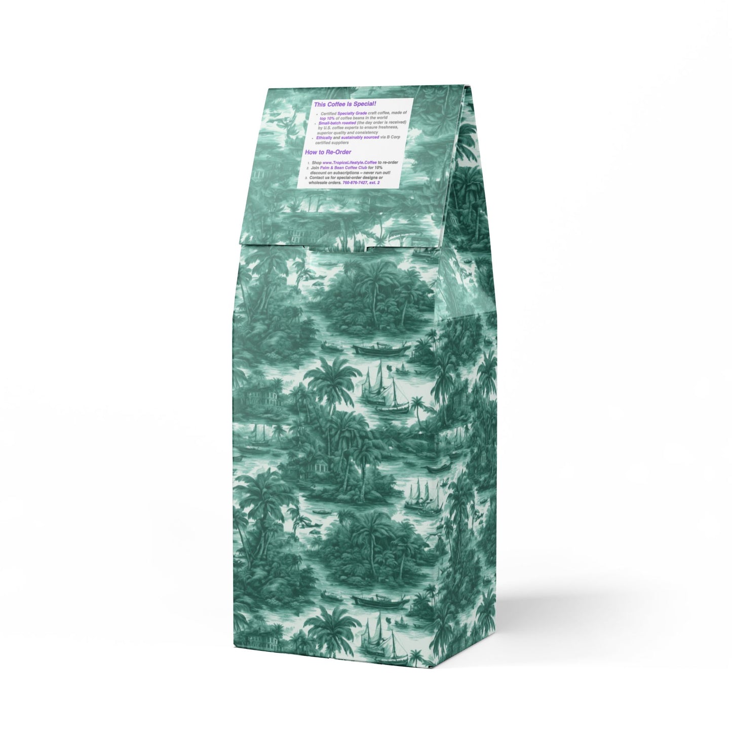 Rainforest Mist™ Single Origin DECAF (Medium Roast), Specialty Grade Craft Coffee / Tropical Toile, Evergreen