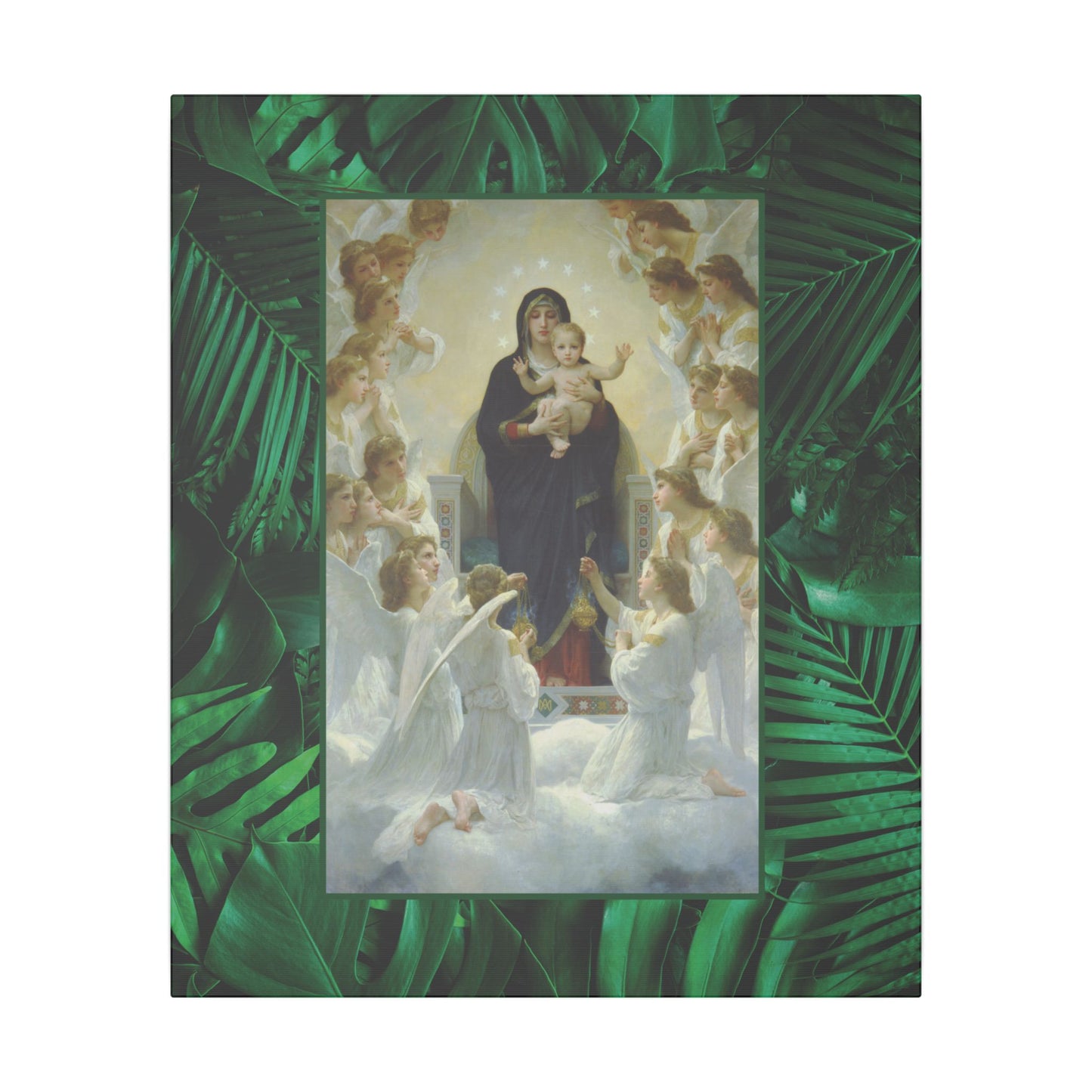 "Tropical Rainforest Our Lady With Angels" Religious Canvas Artwork - Stretched Canvas Print / Virgin Mary & Jesus