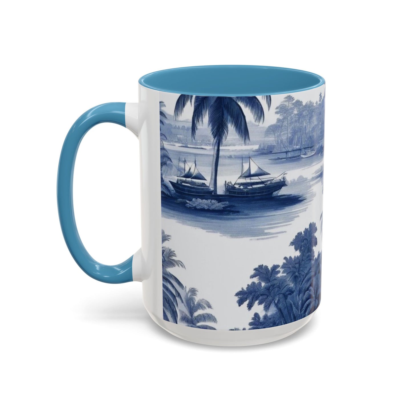 Accent Coffee Mug (11, 15oz), 8 Colors - Tropical Toile Blue/White