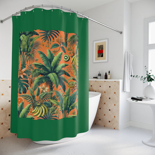 Palm Tree Shower Curtain - Ocean Bathroom Decor / Tropical Fruit/Orange, Dark Green