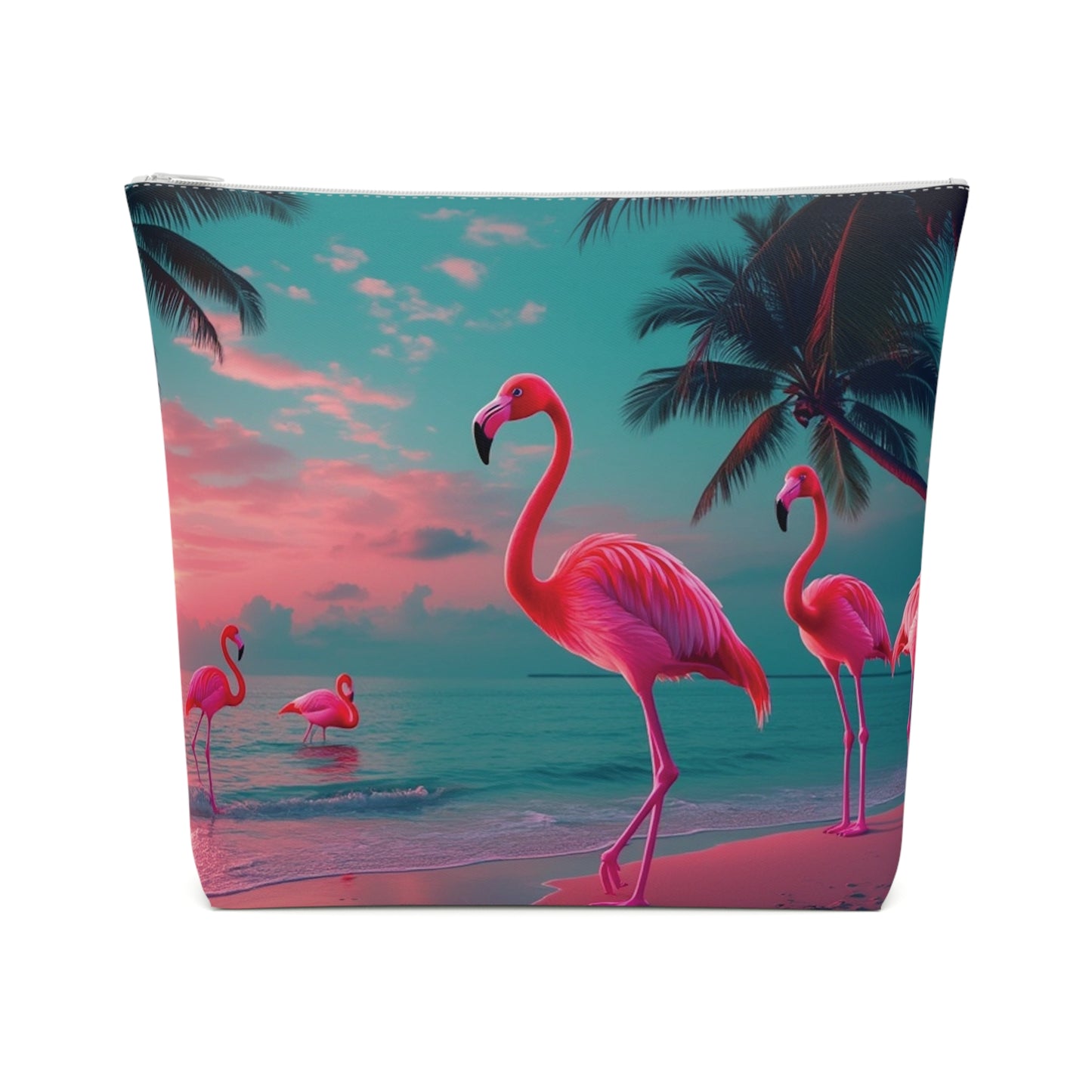 Tropical Cotton Cosmetic Bag, Makeup Pouch, 5 Sizes / Neon Flamingos at Night