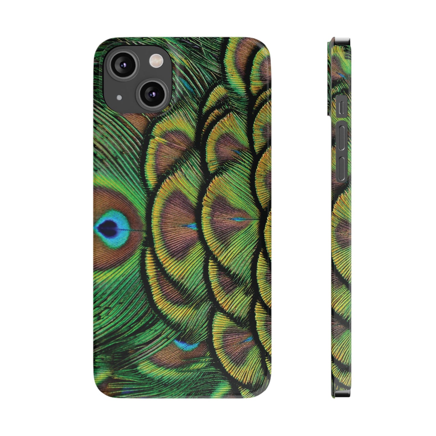 Slim Phone Cases - Brilliant Green Peacock Feathers