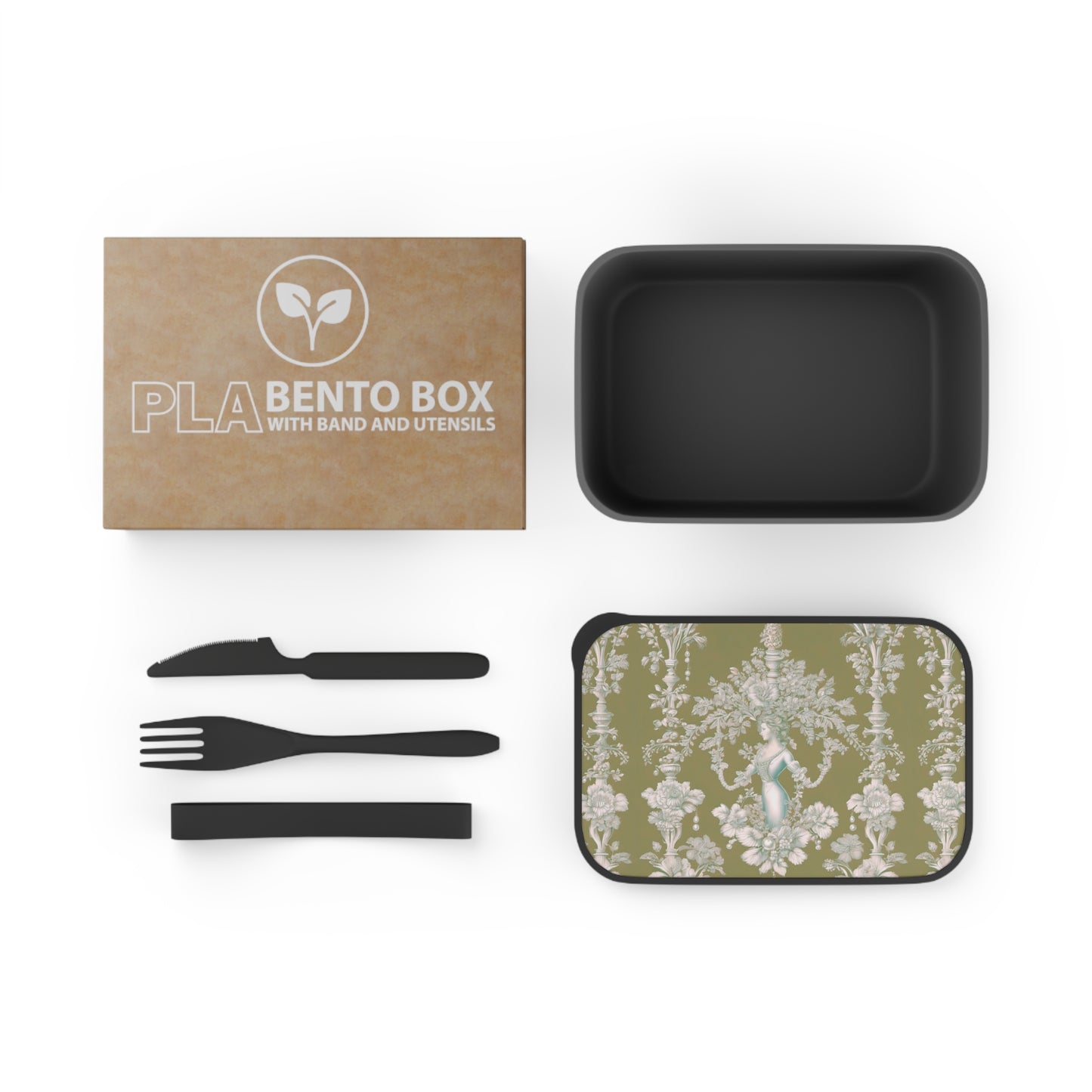 Bento Box with Utensils - Pearl Lady Toile, highborn green