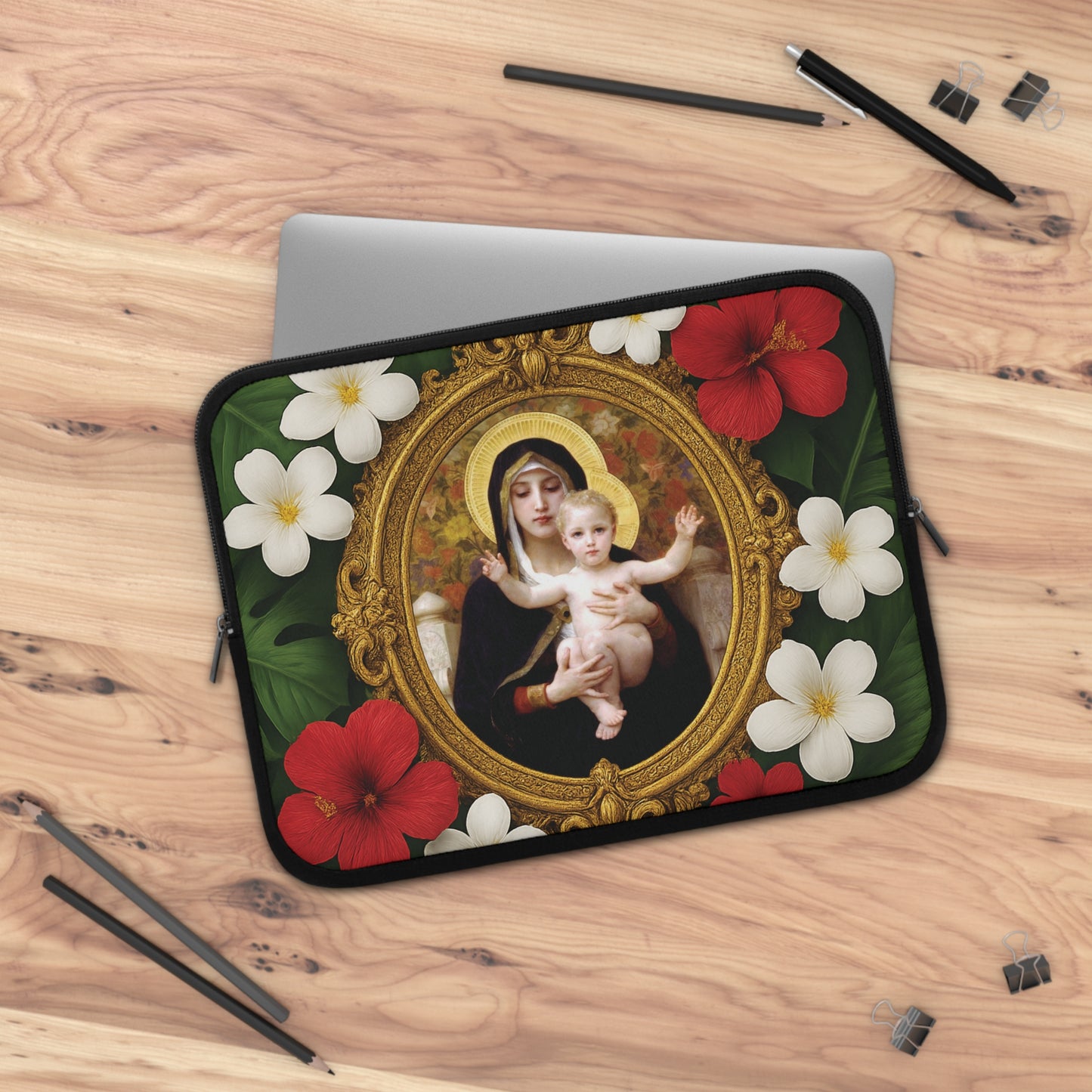 Religious Floral Laptop Computer Sleeve, Portable Tech Gift / Virgin of the Lilies