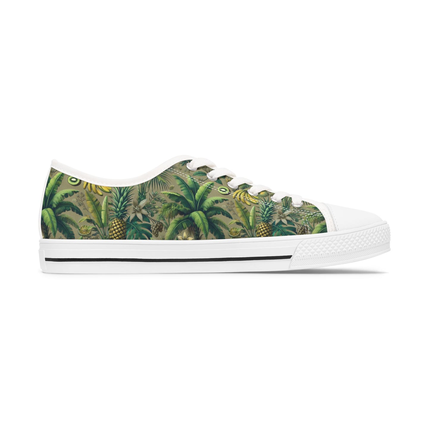 Stylish Women's Low Top Sneakers - Trendy Tropical Casual Footwear for Everyday Wear / Palms and Tropical Fruit/Taupe