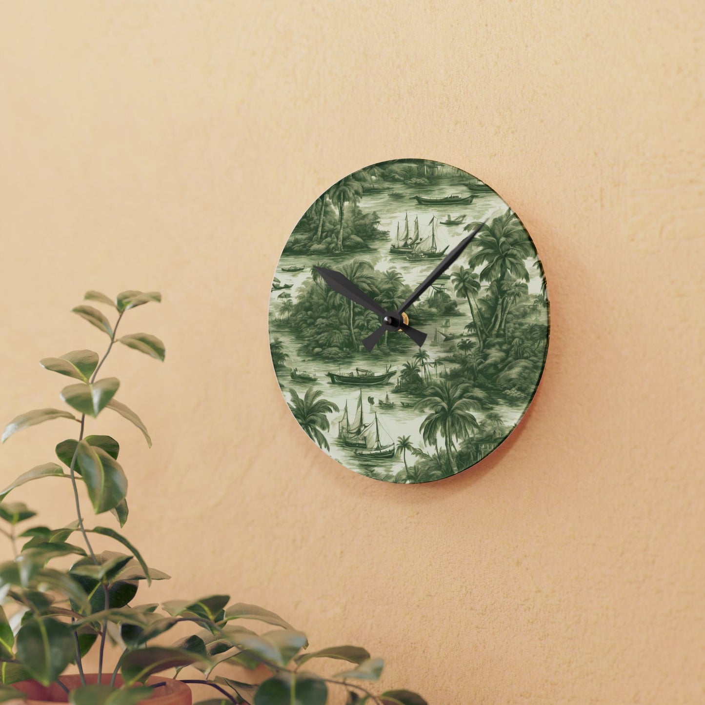 Acrylic Wall Clock, Tropical Toile #1, Green, Various Sizes