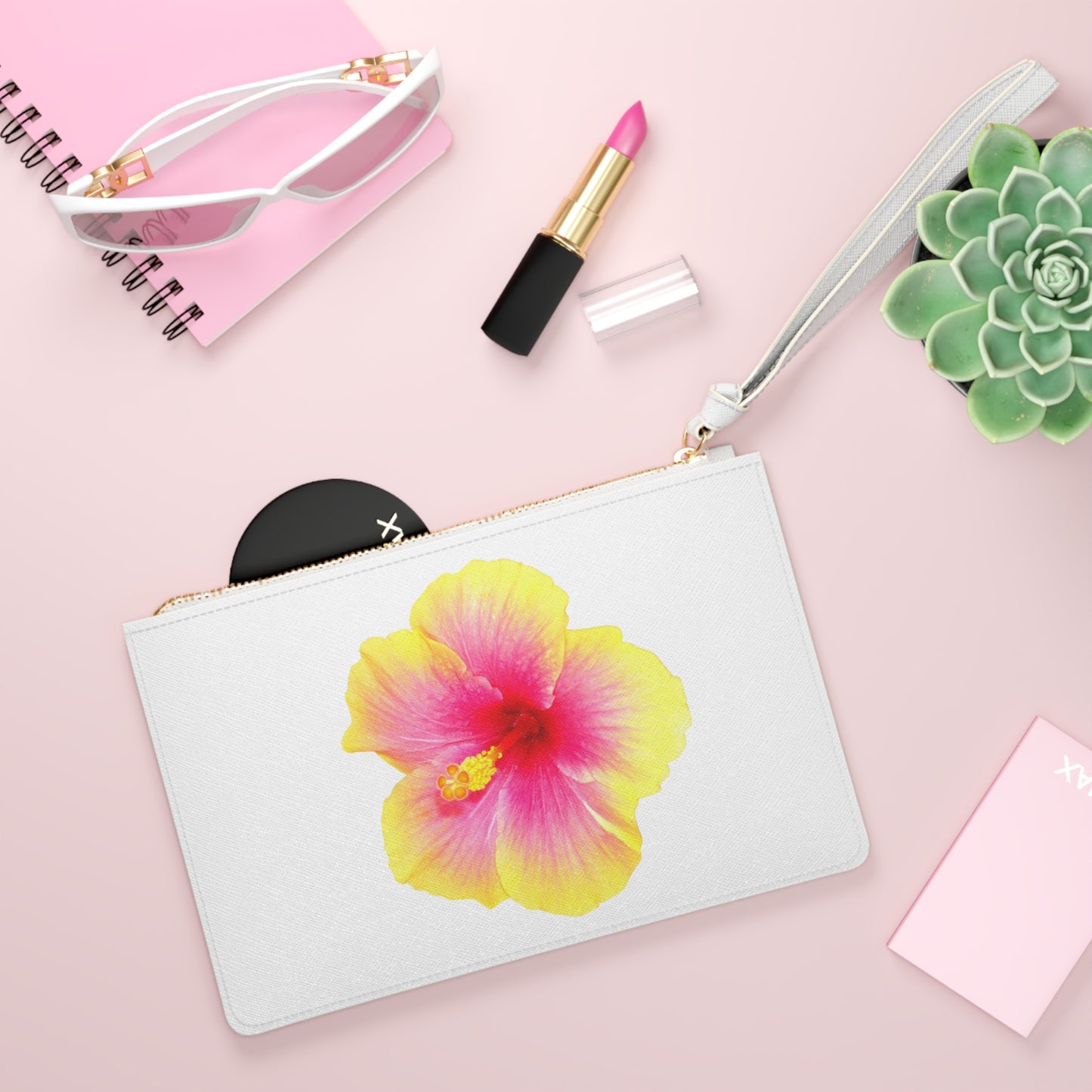 Tropical Faux Leather Clutch Bag - Perfect for Beach Adventures & Summer Vacations / Photo Yellow Hibiscus, White