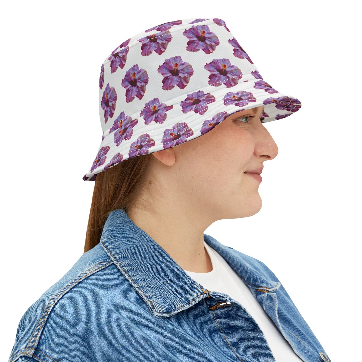 Tropical Polyester Bucket Hat, 2 Sizes - Hibiscus Flower/Purple