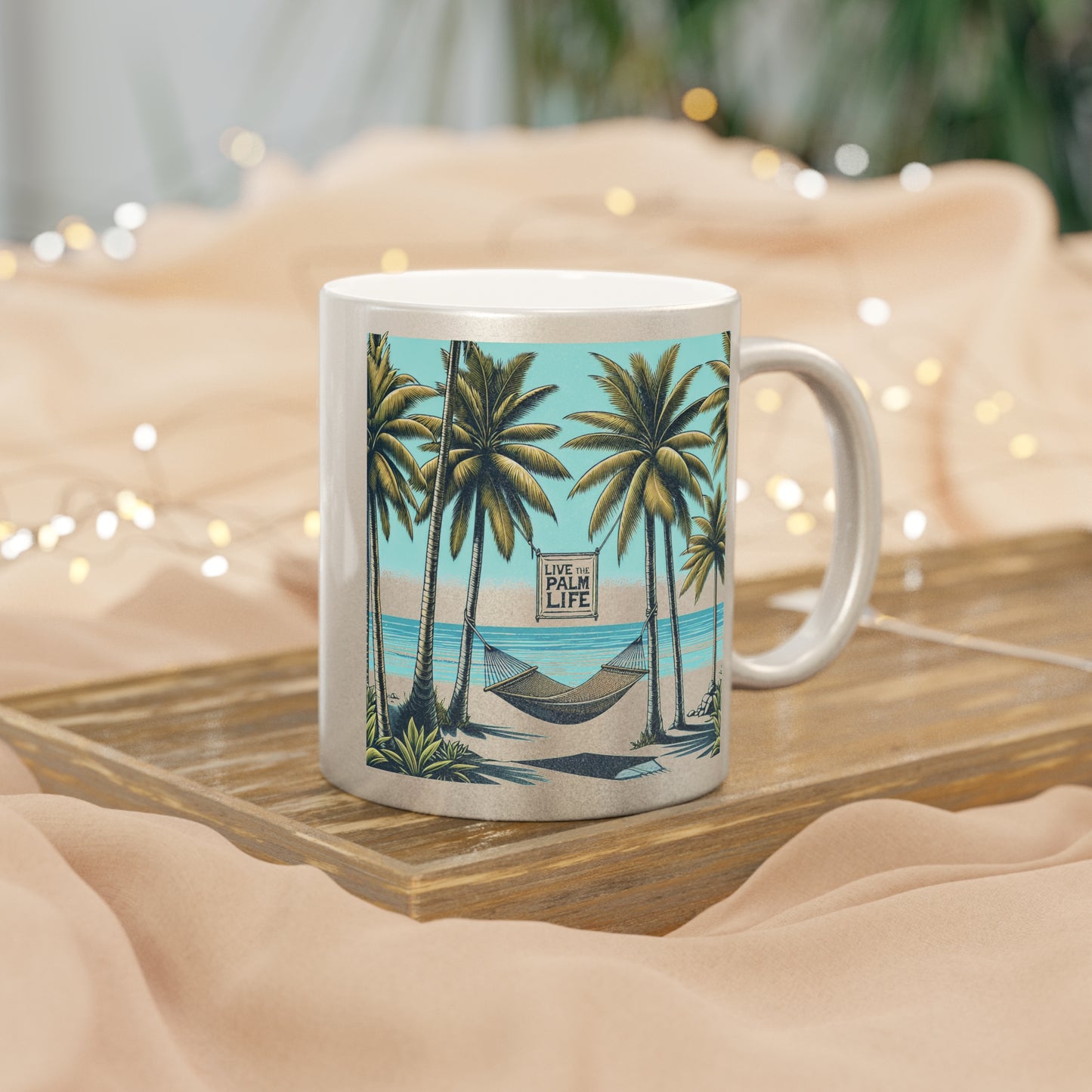 Colorful Tropical Metallic Mug, Gold or Silver - Hammock on the Beach