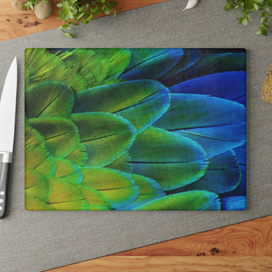 Glass Cutting Board, 2 sizes - Shimmering Peacock Plumes