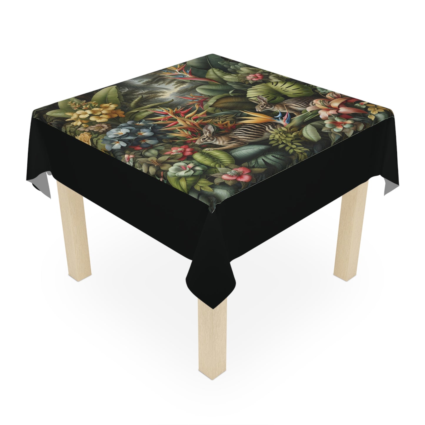 Rainforest Rabbit Outing/Black Tablecloth, 55" x 55"