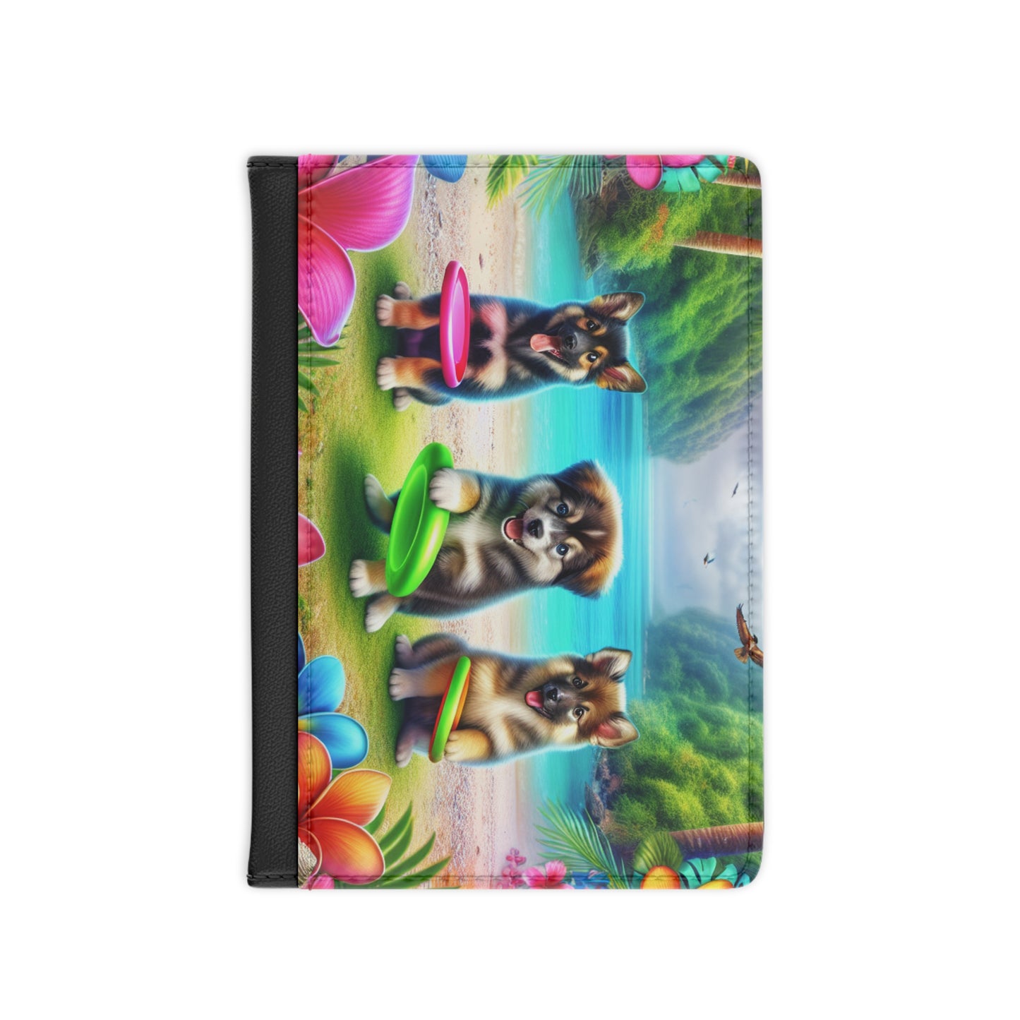 Tropical Passport Cover, Faux Leather - RFID blocking for travel security / Three Dogs Playing Frisbee on Beach