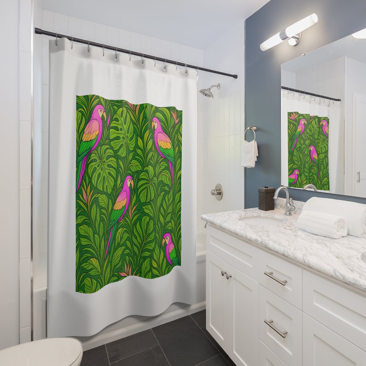 Tropical Shower Curtain - Ocean Bathroom Decor / Parrot Family/Pink, White