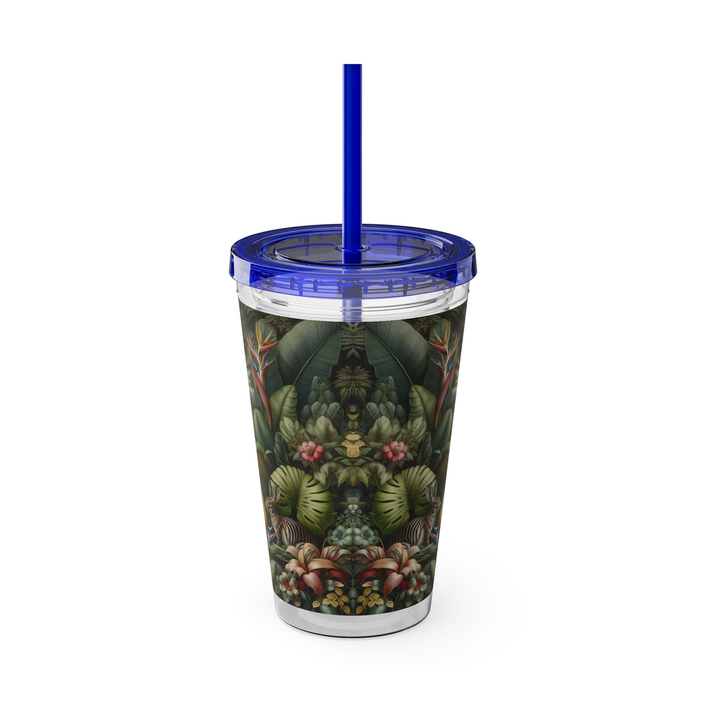 Tropical Tumbler with Straw | 16oz Colorful Travel Cup / Rainforest Rabbit Outing