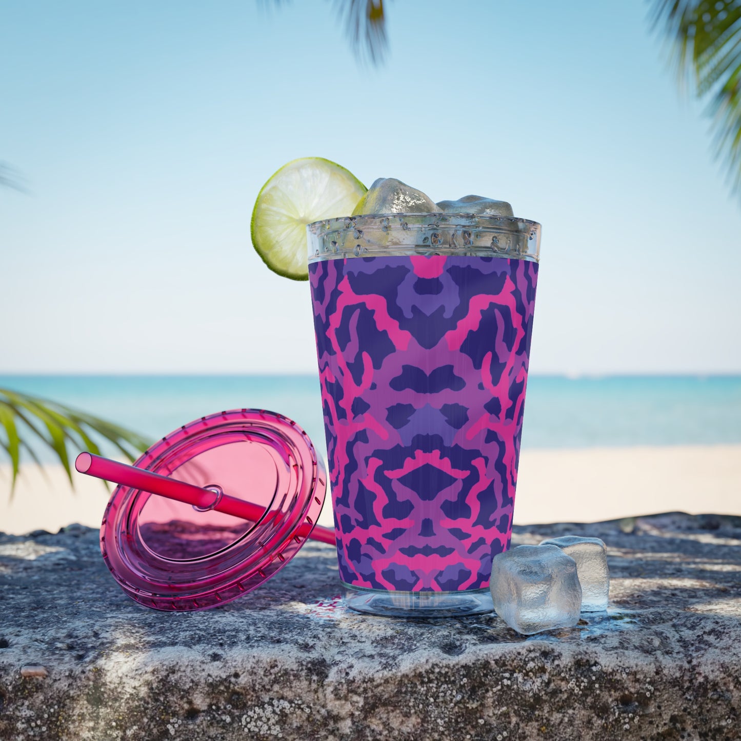 Tropical Tumbler with Straw | 16oz Colorful Travel Cup / Coral Threads, Heatwave