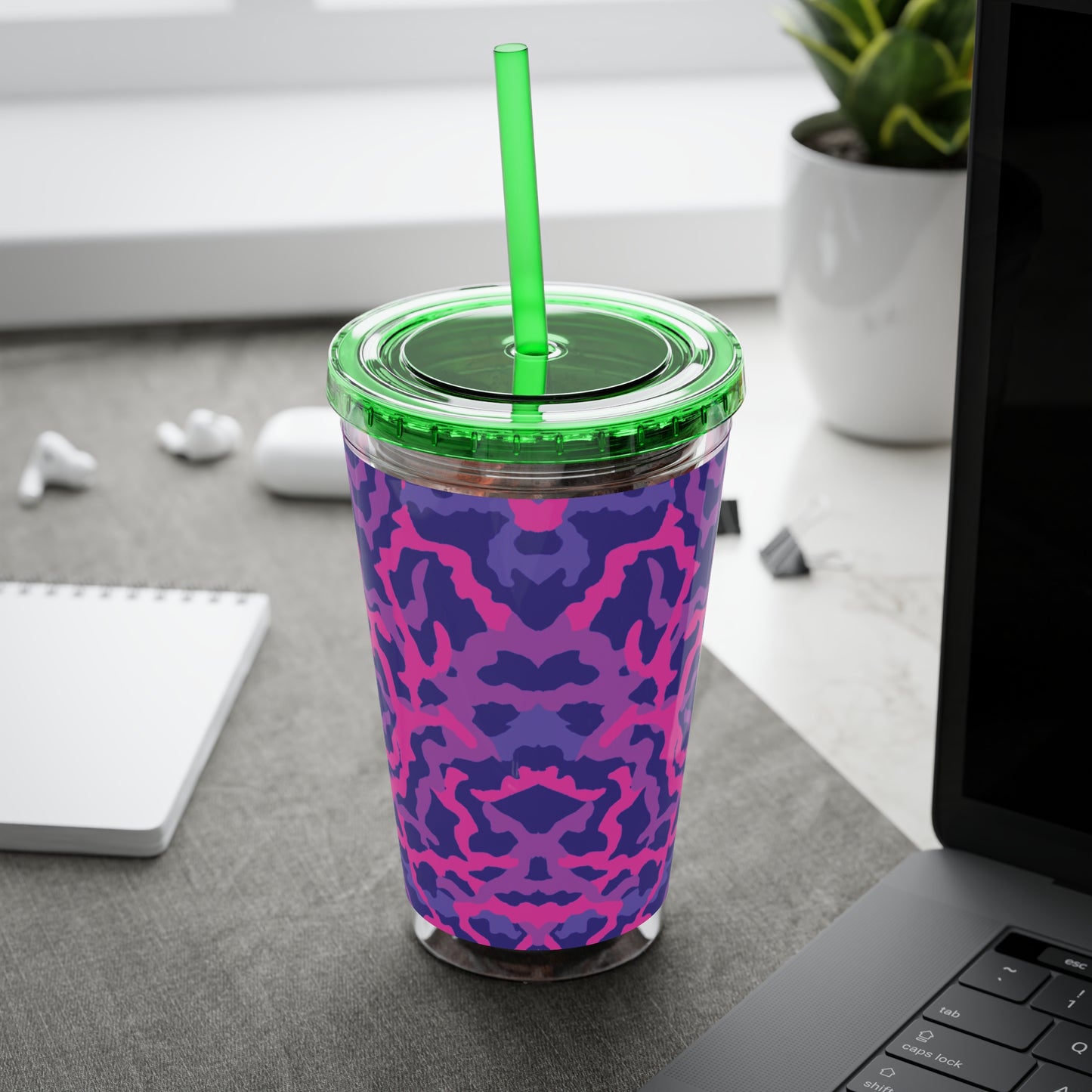 Tropical Tumbler with Straw | 16oz Colorful Travel Cup / Coral Threads, Heatwave