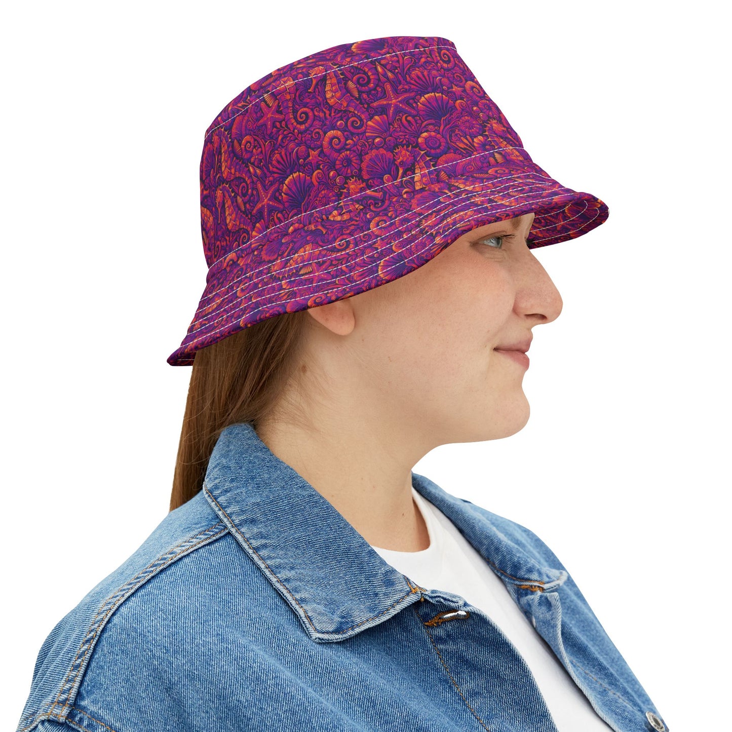 Tropical Polyester Bucket Hat, 2 Sizes - Seahorses Hot Pink