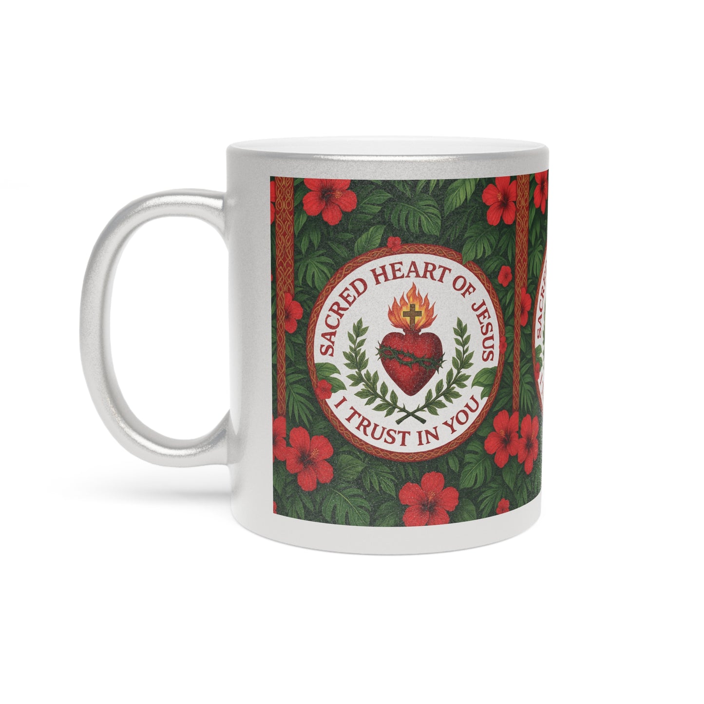Religious Tropical Metallic Mug, Gold or Silver - Sacred Heart of Jesus Prayer